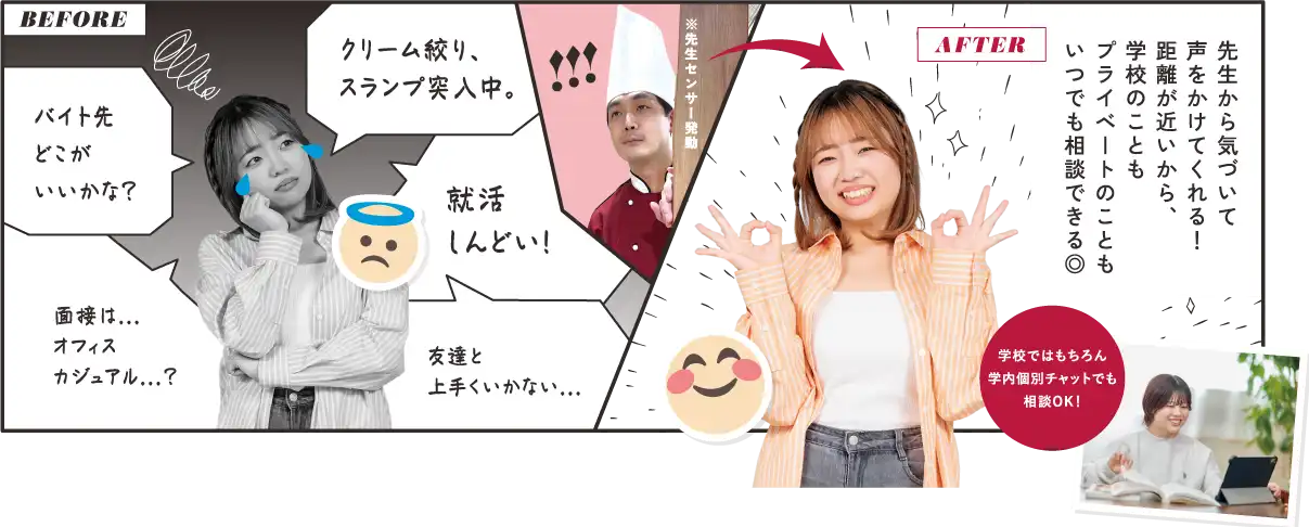 先生から気づいて声をかけてくれる！距離が近いから、学校のこともプライベートのこともいつでも相談できる◎
